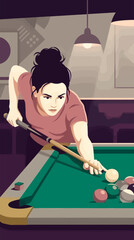 Flat Vector Illustration of a Concentrated Young Woman Playing Pool, Aiming Cue Ball with Cue Stick on Green Felt Table, Dimly Lit Bar Interior with Overhead Lamp © Caturstudio
