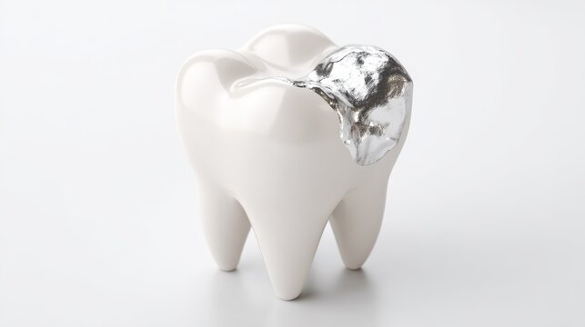 Close-up view of a tooth receiving a silver amalgam filling in a clinical setting
