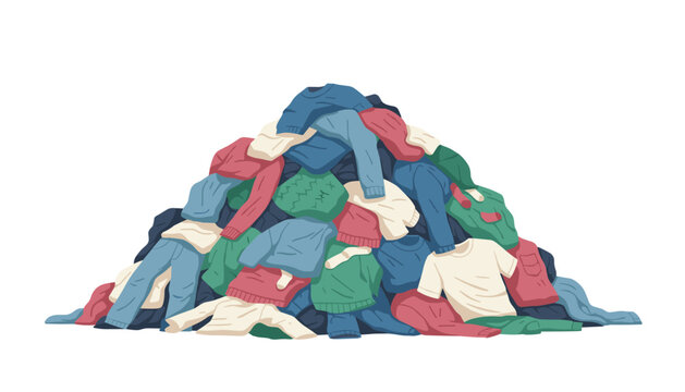 Large messy pile of colorful folded sweaters, t-shirts, and pants depicting a heap of worn clothing items.