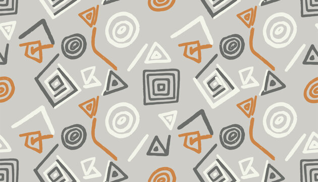 Primitive tribal seamless pattern featuring hand drawn abstract geometric symbols on a clean gray background.