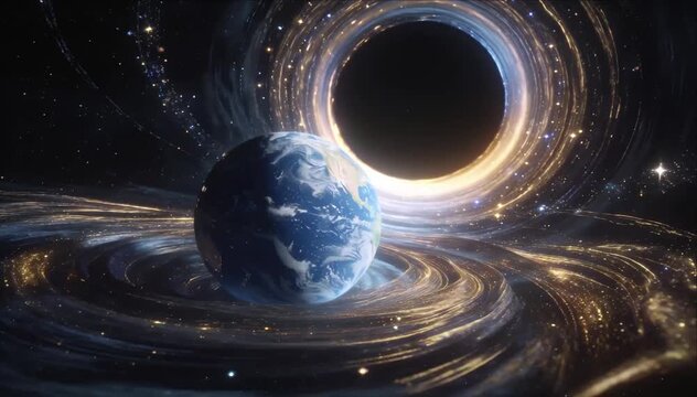 Earth black hole space cosmic vortex planet orbit galaxy star field glowing abstract science fiction scene with luminous golden light trails and surreal dark cosmic swirl around Earth and galaxy orbit