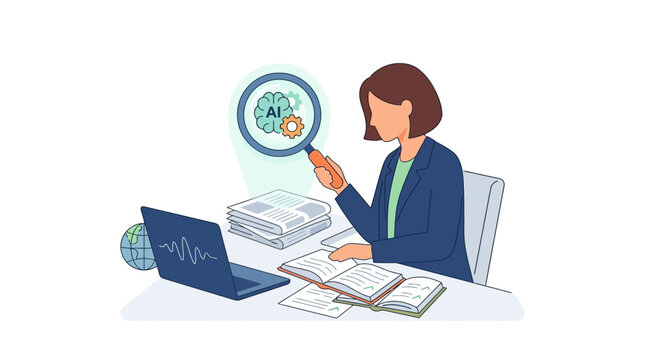 Professional female journalist analyzing news and fact-checking data with AI magnifying glass flat vector illustration.