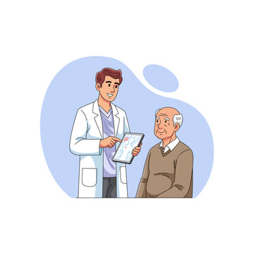 A professional male physician showing digital health report and anatomy results on a tablet screen to an old senior man patient in a hospital