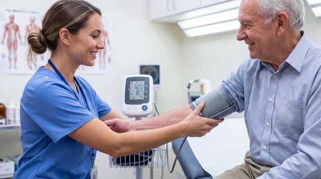 Nurse Measuring Blood Pressure of Senior Patient During Routine Medical Checkup