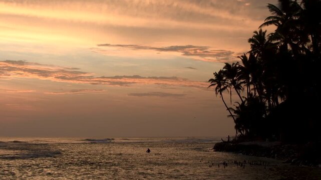 People Enjoying Sunset in Ocean Near Palm Trees, Sri Lanka