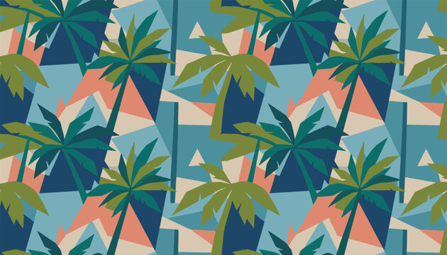 Geometric tropical seamless pattern with green palm trees and abstract colorful shards in a modern art style.