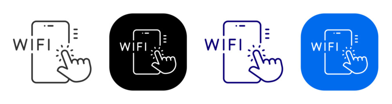 Mobile WiFi tap for phone wireless access internet login and connection. Line, filled, black, color set. Editable stroke