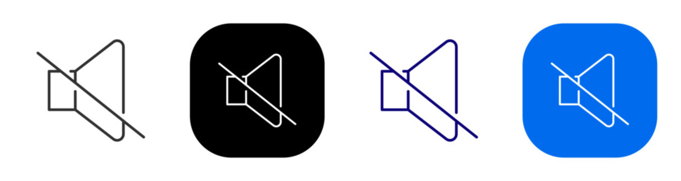 Muted speaker with slash for disabled audio sound off and volume silence. Line, filled, black, color set. Editable stroke