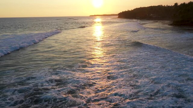Cinematic Drone Reveal Over Waves and Polhena Beach Sunset, Sri Lanka