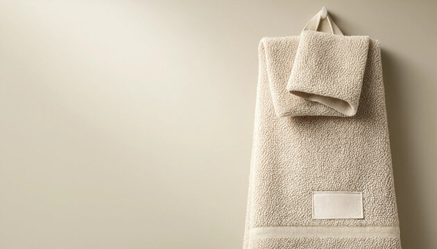 Beige towel hanging folded on a neutral wall with ample copy space. Simple bathroom linen composition with soft texture and minimal styling.