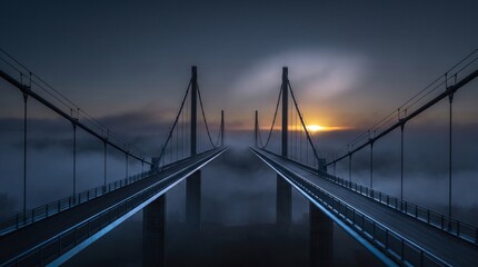 Fototapeta premium Suspension bridge vanishing into misty sunrise with dramatic sky fog dawn