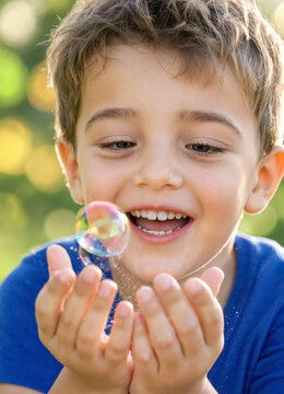 Young boy delightfully catches a soap bubble with hands outdoors in natural light. The scene shows joyful play and childhood wonder with soft bokeh background.