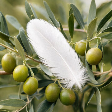 A white feather resting on an olive branch with clusters of green olives and silvery leaves, natural still life composition. Soft natural tones and organic textures evoke calm and purity.
