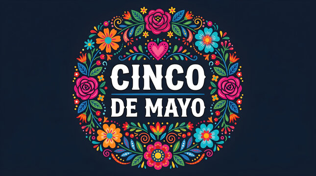 Cinco de mayo festive greeting card design with colorful mexican flowers and leaves arranged in a beautiful circular frame