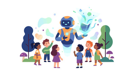Fototapeta premium Friendly AI robot storyteller reading a magical glowing book to diverse children in a park flat vector illustration
