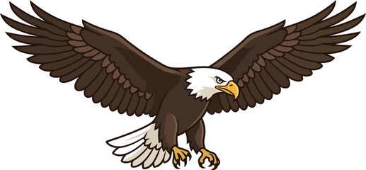 Obraz premium Bald eagle flying with wings spread vector illustration, fierce American hawk mascot cartoon isolated