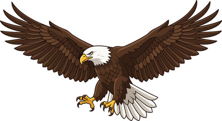 Obraz premium Bald eagle flying with wings spread vector illustration, fierce American hawk mascot cartoon isolated