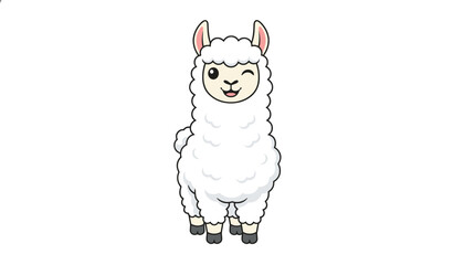 Fototapeta premium Cute white llama cartoon character winking and smiling while standing isolated on a solid white background for graphic design.