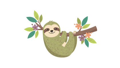 Fototapeta premium Smiling cartoon sloth hanging from a tree branch with colorful flowers and green leaves isolated against a solid white background.