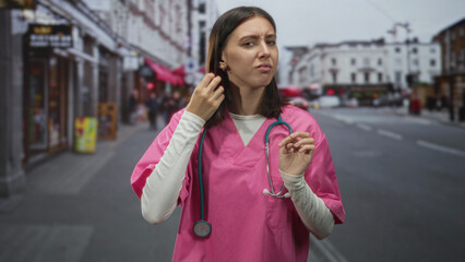 Fototapeta premium Young hispanic nurse woman in pink scrubs with stethoscope touching neck and frowning on a street; exhaustion concern.
