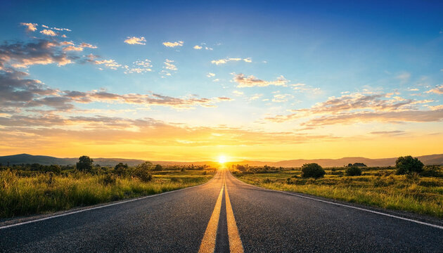 A straight empty highway stretches toward a bright sunrise over fields and distant hills, offering open space and warm natural light. Composition includes sky, clouds, and roadside vegetation.