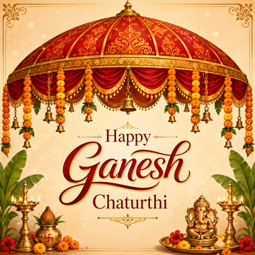 Happy Ganesh Chaturthi under ornate canopy with diyas and deity statue.