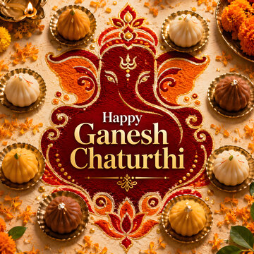 Happy Ganesh Chaturthi with modak sweets arranged around deity rangoli design.