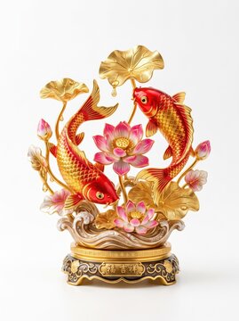Premium feng shui ornament featuring a pair of vibrant red koi fish with shimmering metallic gold scales swimming among blooming lotus flowers and golden lotus leaves, glossy enamel finish