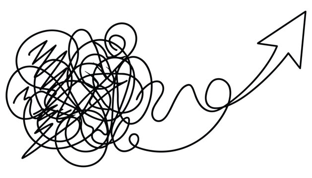 Complex tangled line becoming straight arrow showing path from chaos to order.
