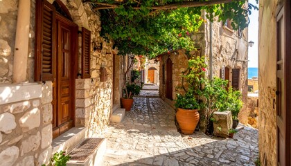 Obraz premium Charming narrow cobblestone street with historic houses and colorful flower pots