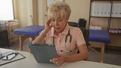 Fototapeta premium Woman physiotherapist with stethoscope holds tablet, hand to temple and reads screen in clinic building; concern focus empathy.