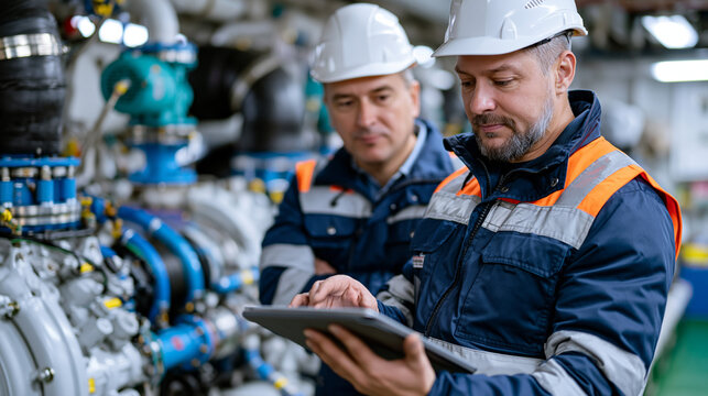 Shipyard outfitting project manager conducting final commissioning walk with classification society surveyor on completed vessel engine room, punch list tablet, piping systems labeled, sea trial pre