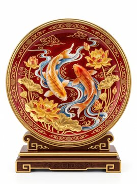 Museum-quality oriental collectible featuring two realistic koi fish surrounded by golden lotus flowers, rich glossy red enamel, metallic gold accents, isolated on pure white background