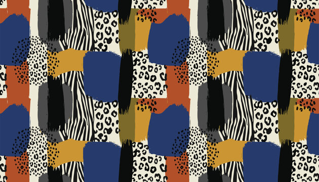 Abstract modern seamless pattern combining leopard spots, zebra stripes, and bold painted brush strokes in terracotta, mustard, and blue.