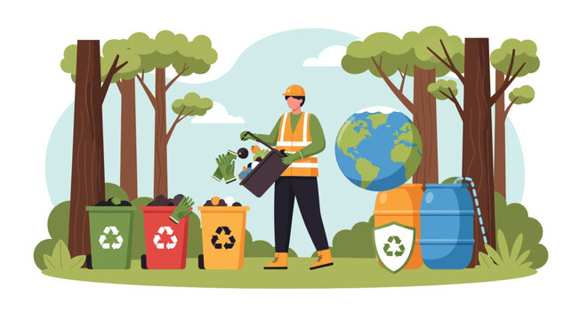 Worker collecting trash for recycling in a forest environment.