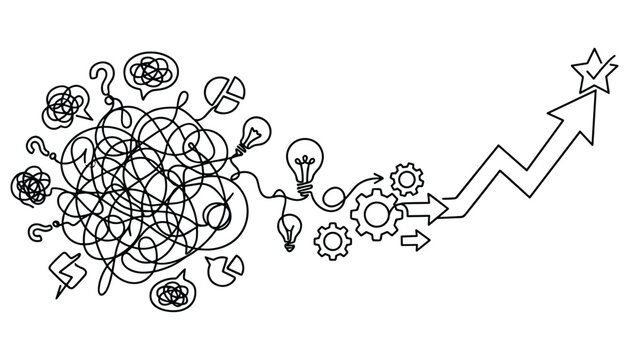 Tangled line with icons transforming into arrow showing success goal achievement.