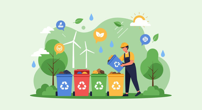 Man sorting recycling bins with wind turbines and trees.