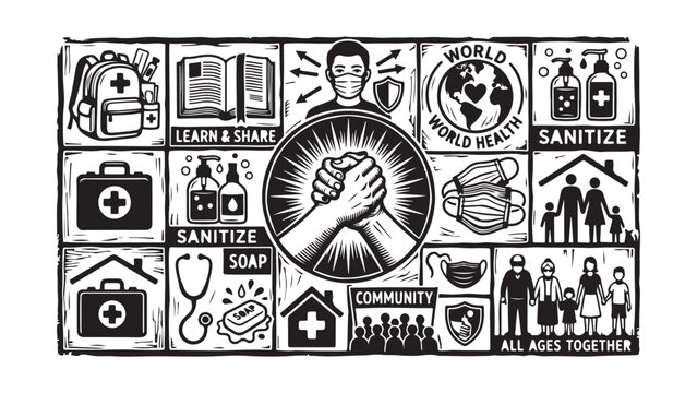 Community and World Health concept illustration with sanitization and support