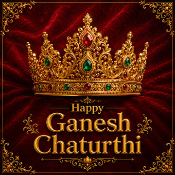 Happy ganesh chaturthi text with royal golden crown on rich red velvet luxury background.