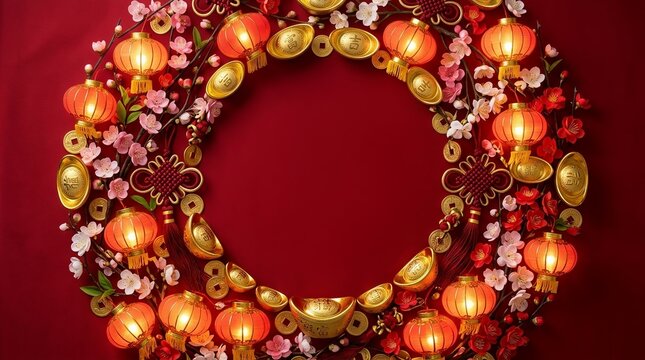 Chinese New Year Lantern Wreath with Gold Ingots, Cherry Blossoms and Lucky Coins on Red Background with Copy Space
