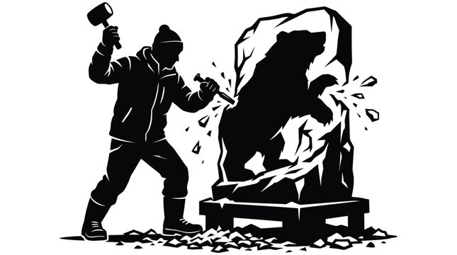 Man hitting large stone block with a hammer on a pallet outdoors