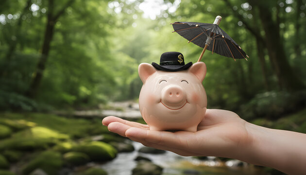 Hand Holding Piggy Bank with Umbrella and Hat in Green Forest Background