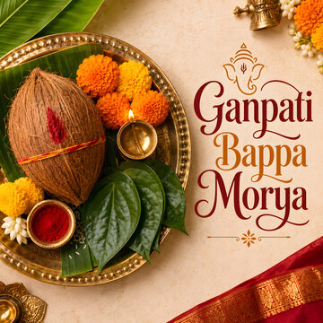 Ganpati bappa morya greeting card with traditional pooja plate coconut flowers and leaves.