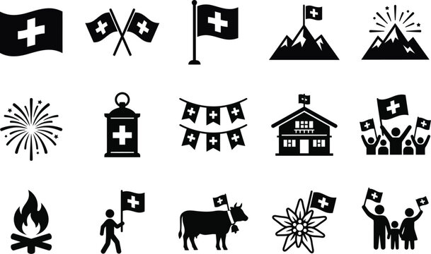 Swiss national day collection black silhouette icons depicting culture traditions and patriotic symbols of switzerland
