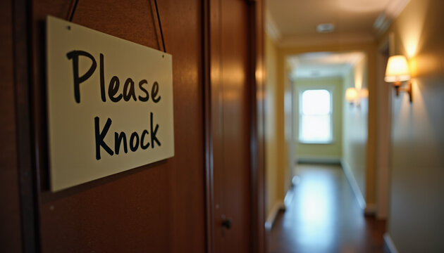 Hallway with a "Please Knock" Sign, inviting atmosphere, warm lighting
