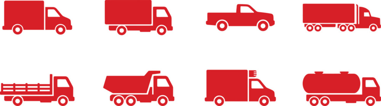 Red truck collection diverse commercial vehicle icons for logistics transportation and delivery services