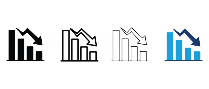 bar chart icons with downward trend arrows in black white and blue colors for business and finance concepts  representing decline and decrease