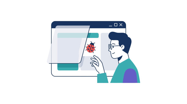 Software tester identifying code errors and website bugs in browser interface flat vector illustration.