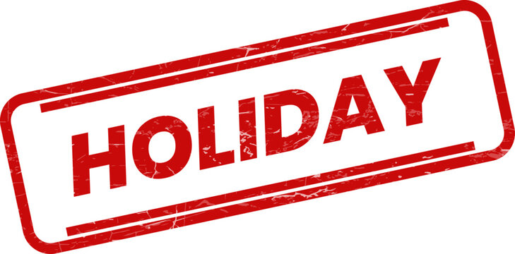 A vibrant red rubber stamp featuring the prominent word HOLIDAY on a crisp white surface for celebrating relaxation