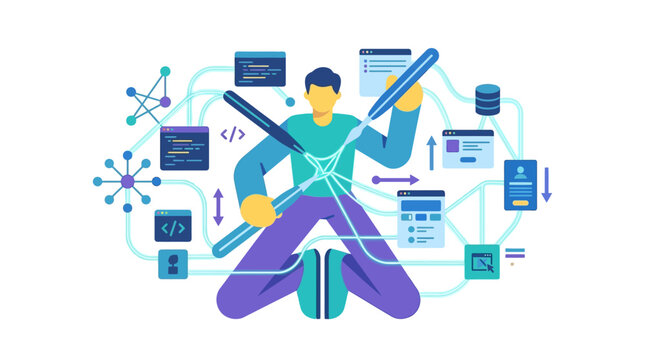Web Developer Knitting Complex Digital Infrastructure and Code Snippets with Stylus Flat Vector Illustration